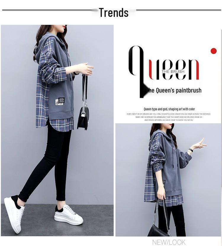 6535 Cotton Women's Fake Two-Piece Hooded Sweatshirt, Korean Style, Loose Fit, Spring/Autumn 2022 Trend.