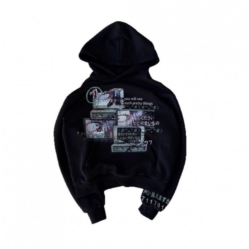 Dark Print Hoodie Women Y2K Streetwear Long Sleeve Casual Loose Fit Pullover