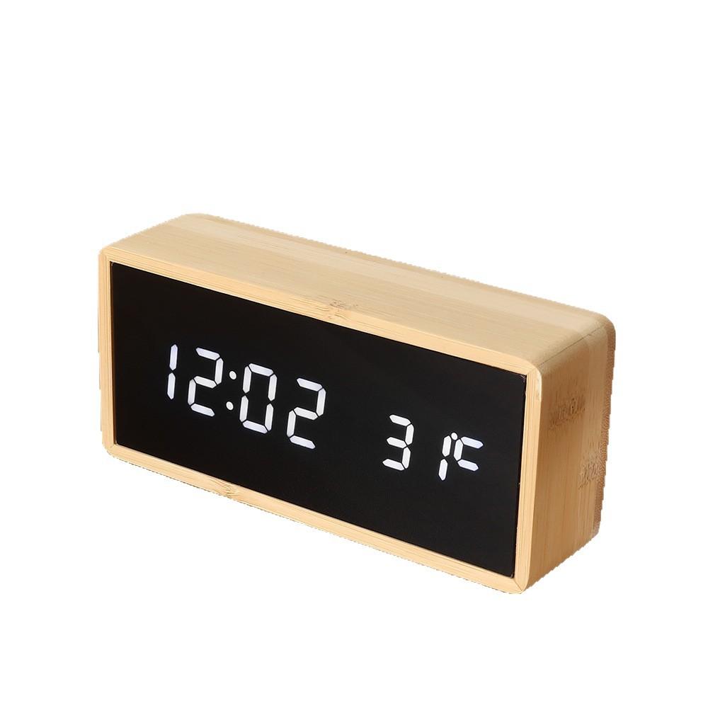 Popular, Japanese-style real bamboo LED clock, multi-functional digital dual-display wooden electronic clock, voice-activated digital gift noise