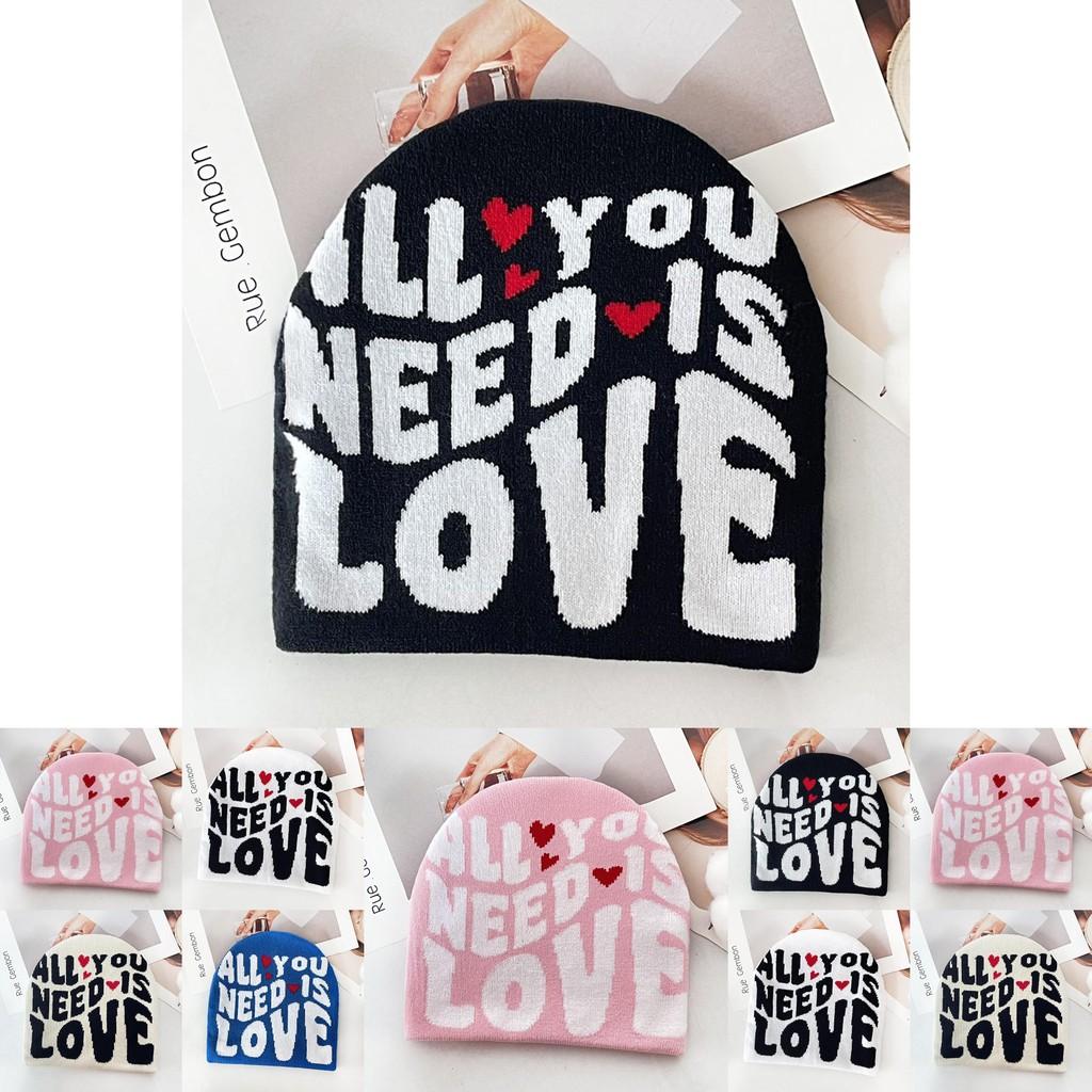 Simple Color Blocked Letter Heart Pattern Women Casual Warm Knitted Hat For Autumn Casual Wear