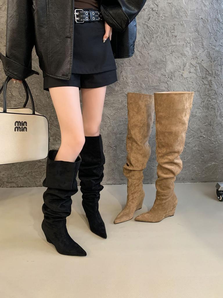 2025 autumn and winter new big tube circumference pointed toe over knee boots thick heel high boots slope heel boots stacking boots