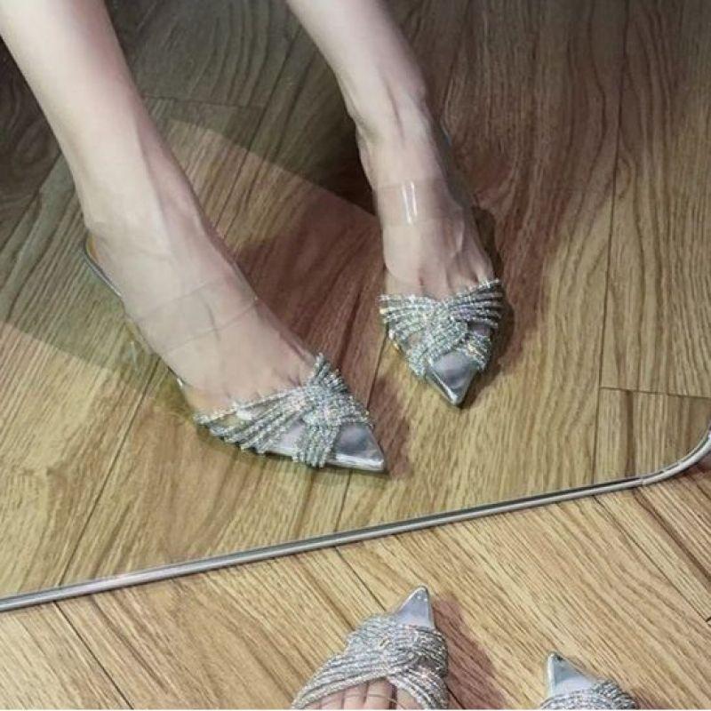 Really Excellent~ Good Temperament! Spring 2025 New Pointed Rhinestone Temperament Thin Heel Sexy Cool Slippers