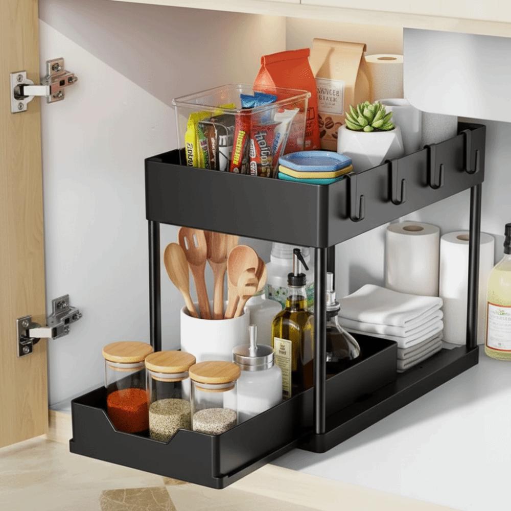 2 Tier Sliding Cabinet Basket With Hooks Under Sink Organizer Upgraded Bathroom Organizer Bathroom