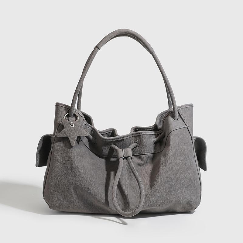 Women's Retro Drawstring Shoulder Bag Korean Style New Fashion Tote Bag Lychee-pattern Brand Handbag Large Simple Soft Cloud Bag