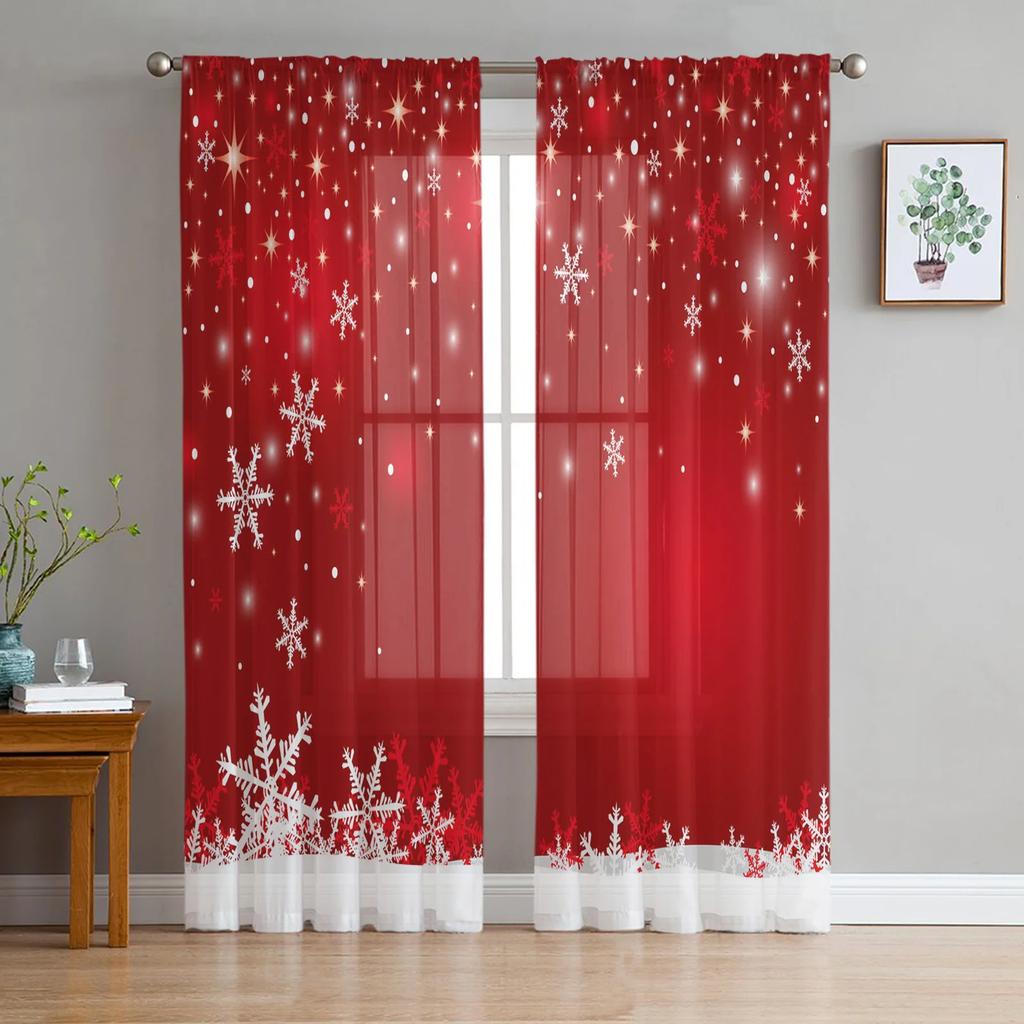 Christmas Tree Snowflakes Bow Red Dots Chiffon Sheer Curtains for Living Room Bedroom Decoration Window Voiles Tulle Curtain