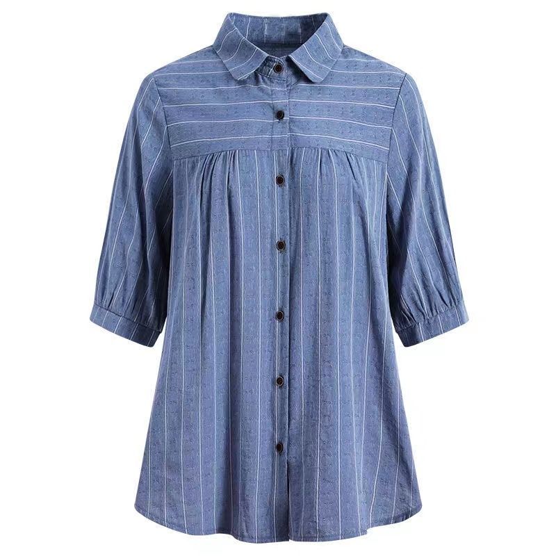 Women Casual Fashion Elegant Striped Printed Button Shirt Summer  Loose  Half Sleeve Tops