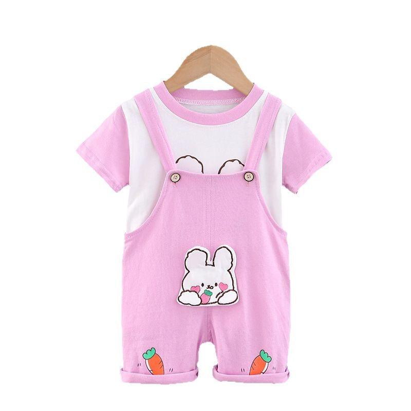 Girls' summer short sleeved set, new baby carrot rabbit overalls, girls' summer two-piece set
