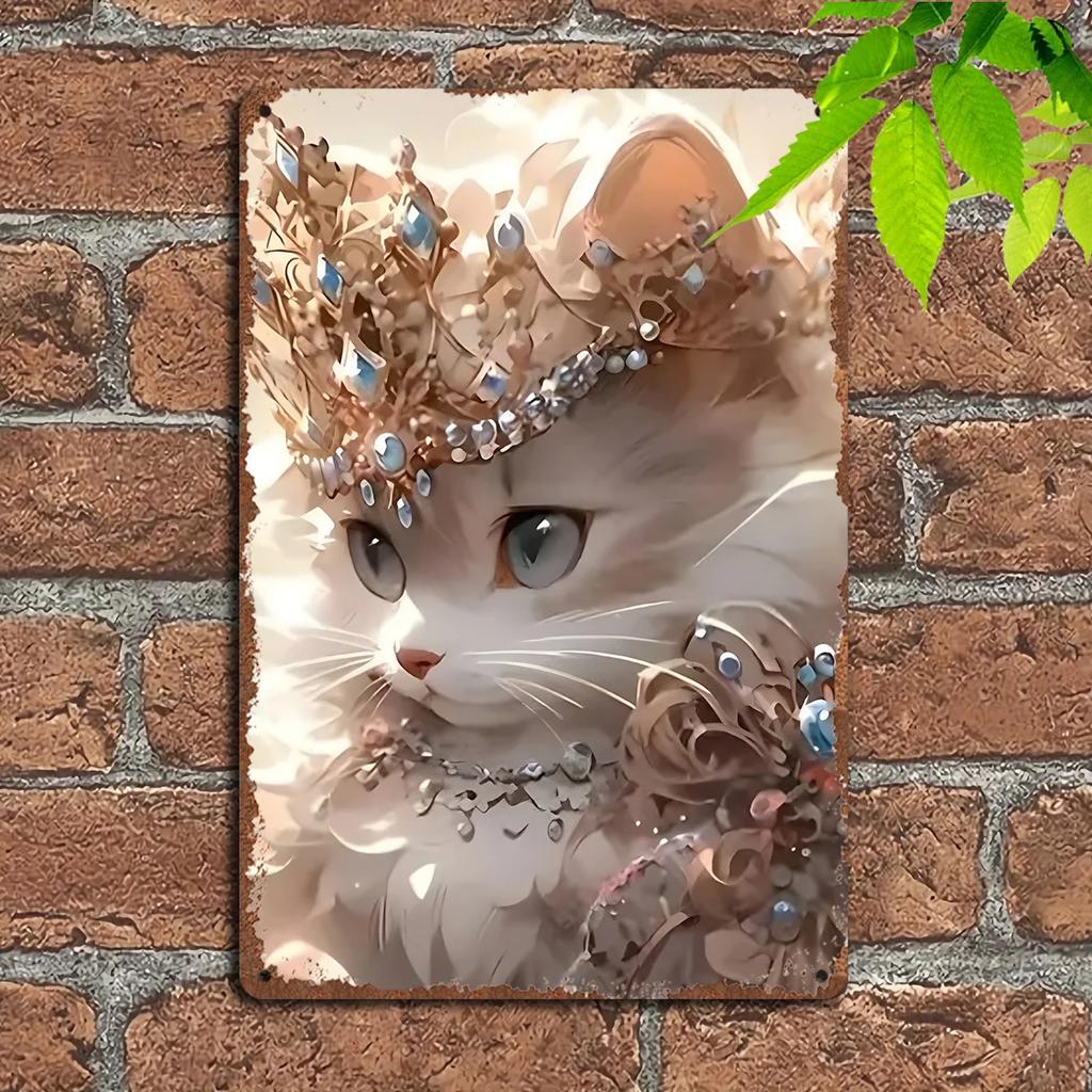 Vintage Cat Metal Wall Art Crown Gem Home Office Cafe Decor Tin Sign
