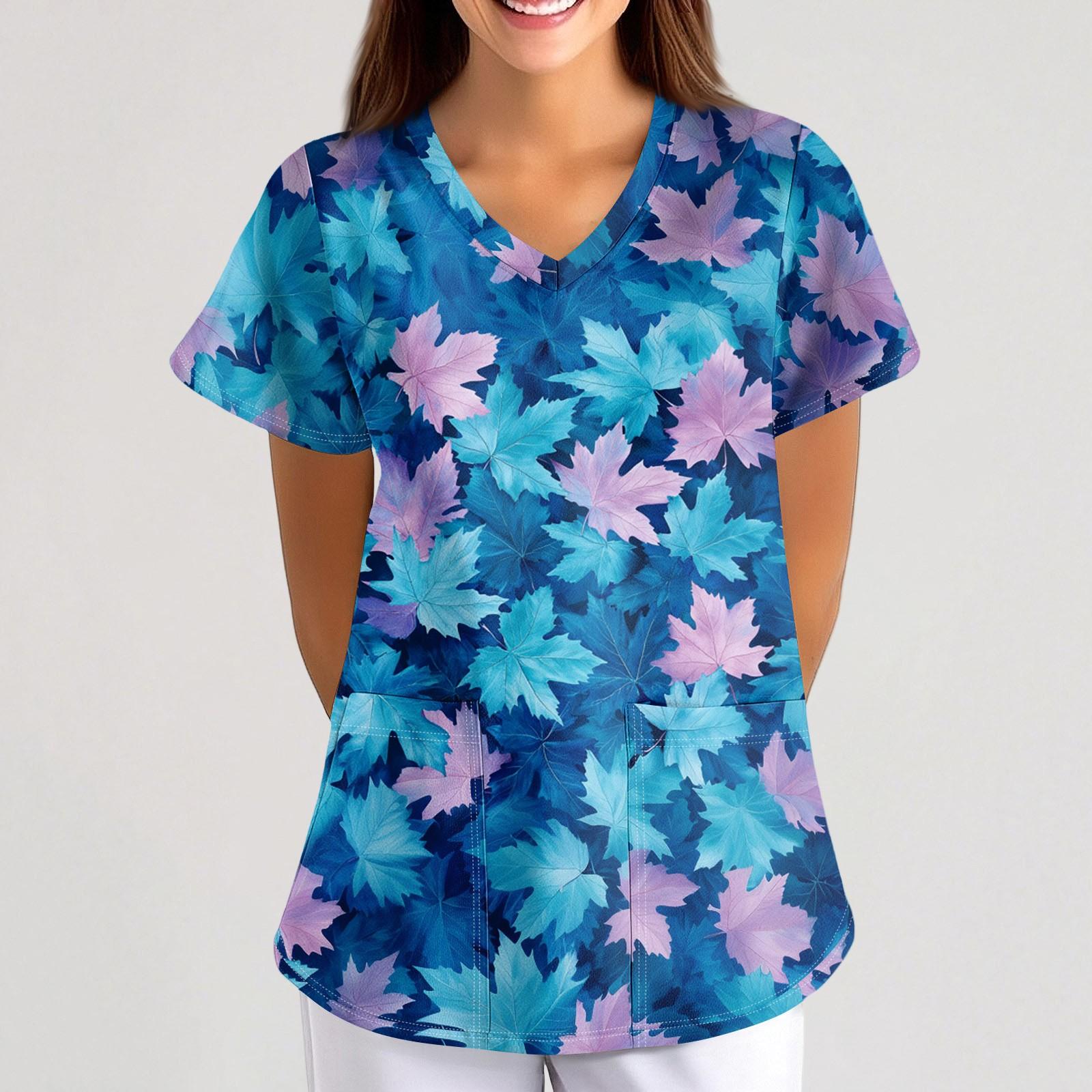 

Women s Small Animal Cartoon Print Loose V-neck Pocket Short-sleeved Uniform Uniform L синій