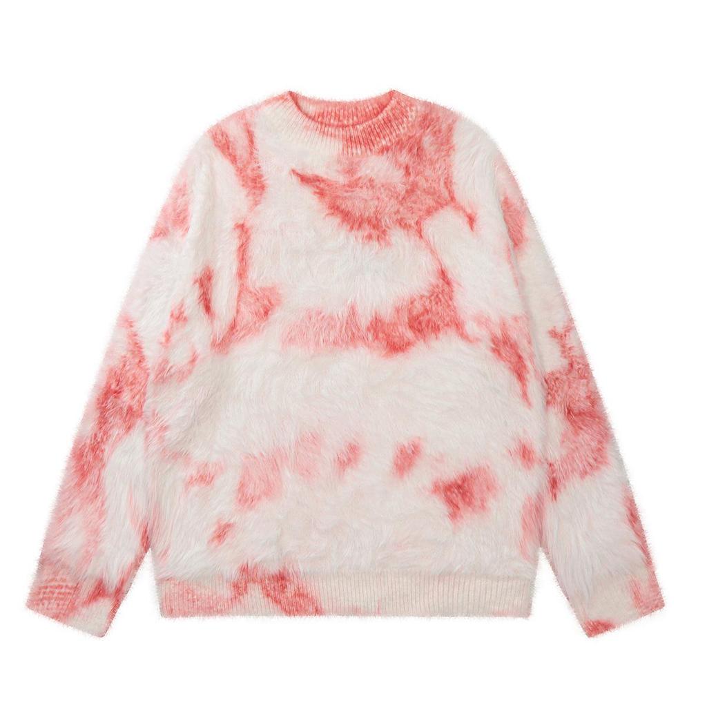 High Street Trendy Tie-Dye Faux Mink Men’s Loose Winter Sweater - Soft, Fluffy, Long Sleeve, Round Neck
