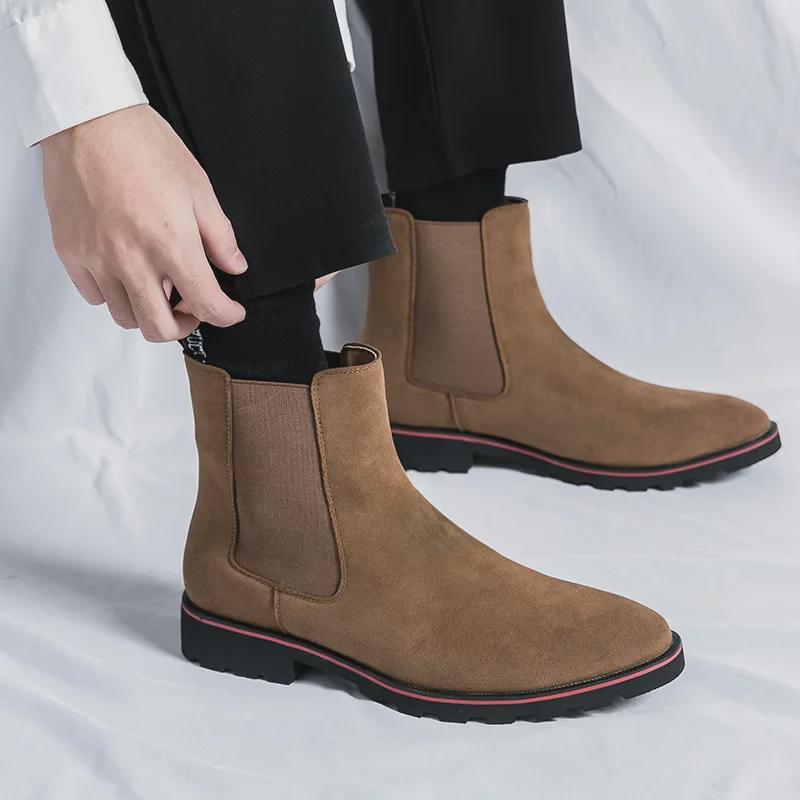 Herren Britische Nubukleder Freizeit Chelsea Boots - Trendiges Koreanisches Wildleder, Große Größe, Modischer Jugendstil.