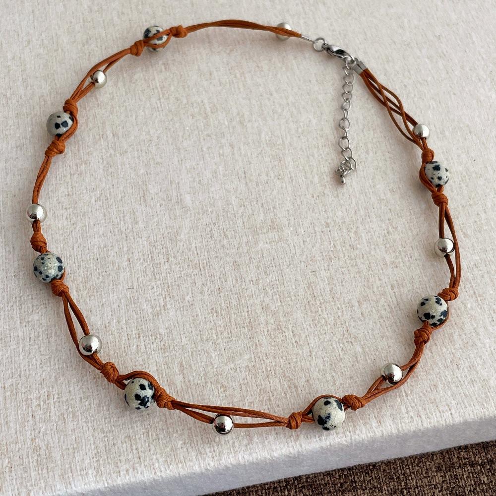 

2026 New Arrival Multi Layer Knotted Rope Chain For Women Spotted Natural Stone Bead Brown Black Pu Leather Necklace коричневый