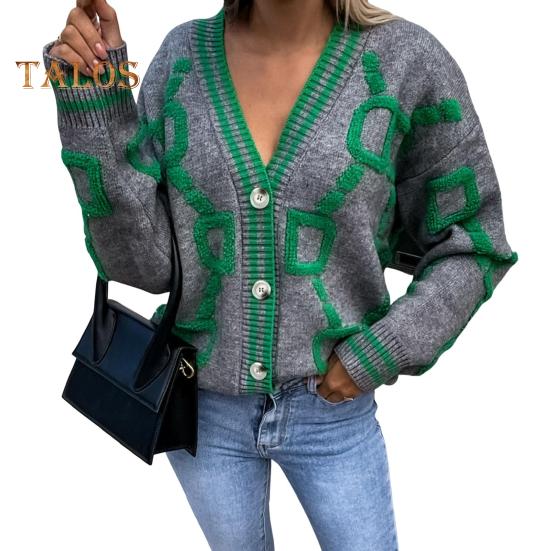 Damen Pullover Mantel V-Ausschnitt Langarm Buchstabenprint Einreihig Strickpullover Lockere Passform Warm Strickjacke