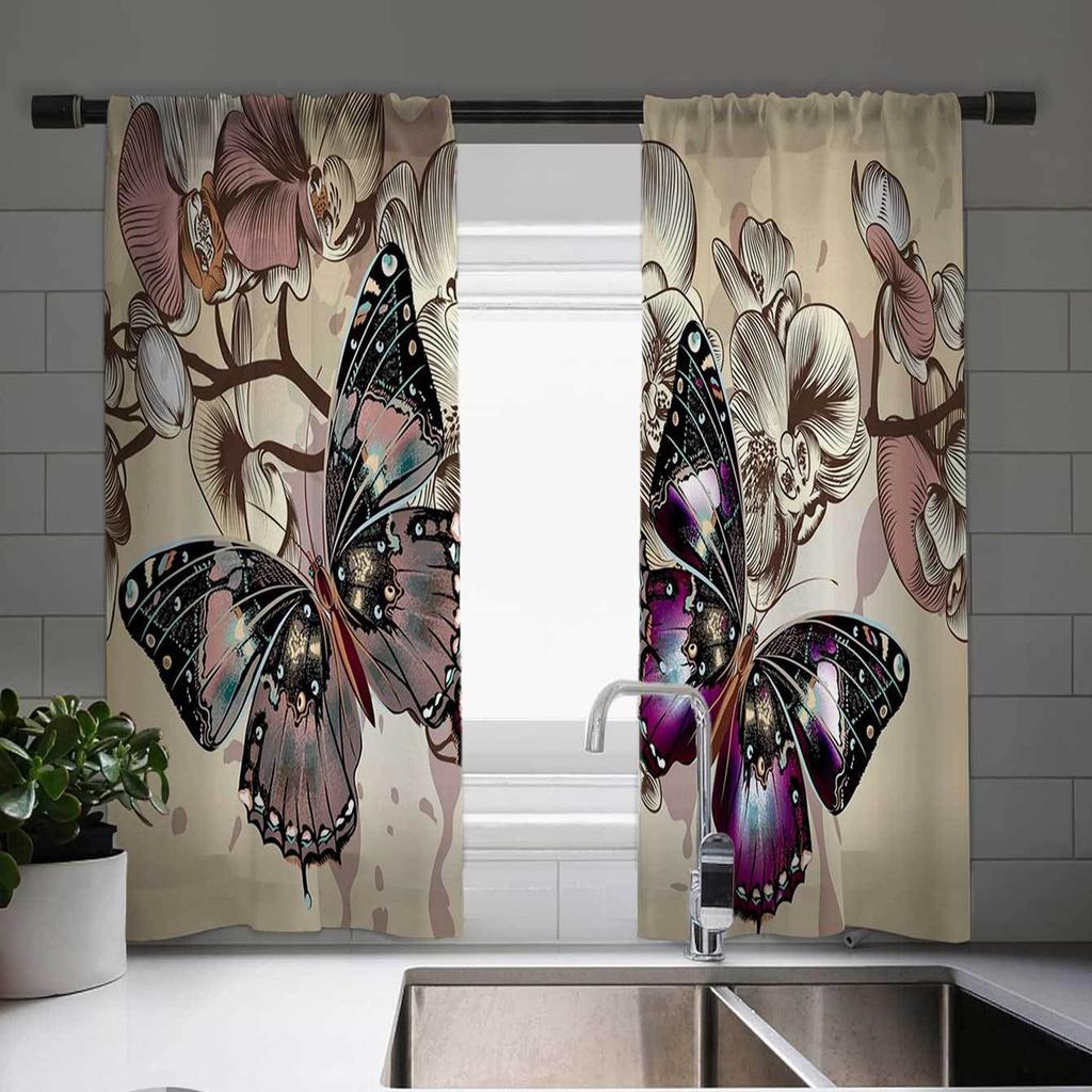 Elegant Butterfly And Floral Print Curtains for Kitchen Living Room Bedroom Decor Vintage Style Window Treatment 2pcs Cortinas