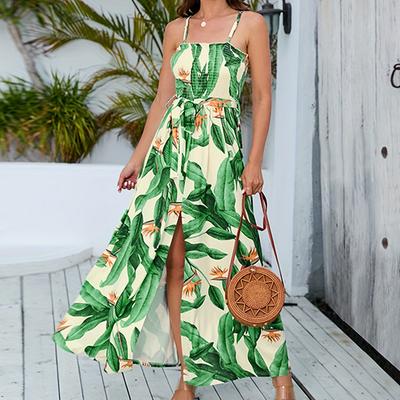 Vestido de una pieza de verano para mujer, estilo bohemio para vacaciones en la playa, estampado de hojas partidas