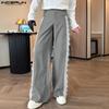 INCERUN Men Zip-up Waist Side Lace Patchwork Casual Long Straight Pants