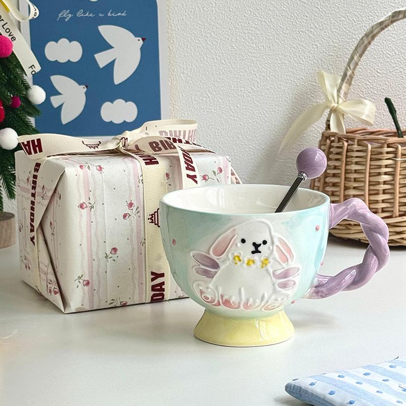 Niedlicher geprägter Häschen-Keramikkrug Unterglasurfarbe Kelch Büro Milch Frühstückstasse Geburtstagsgeschenk für Frauen