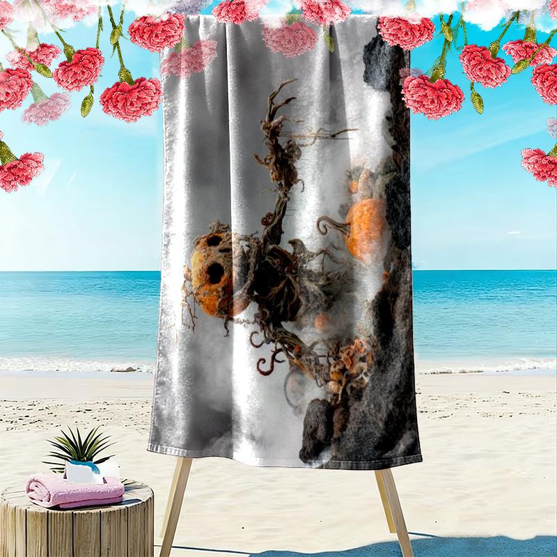 Halloween Twisted Pumpkin Skeleton Monster Print Beach Towel, Spooky Quick‑Dry Towel for Beach Pool Travel