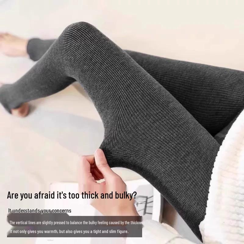 Women's High Waist Slimming Gray Striped Velvet Leggings - Footed Pantyhose for Autumn/Winter Warmth