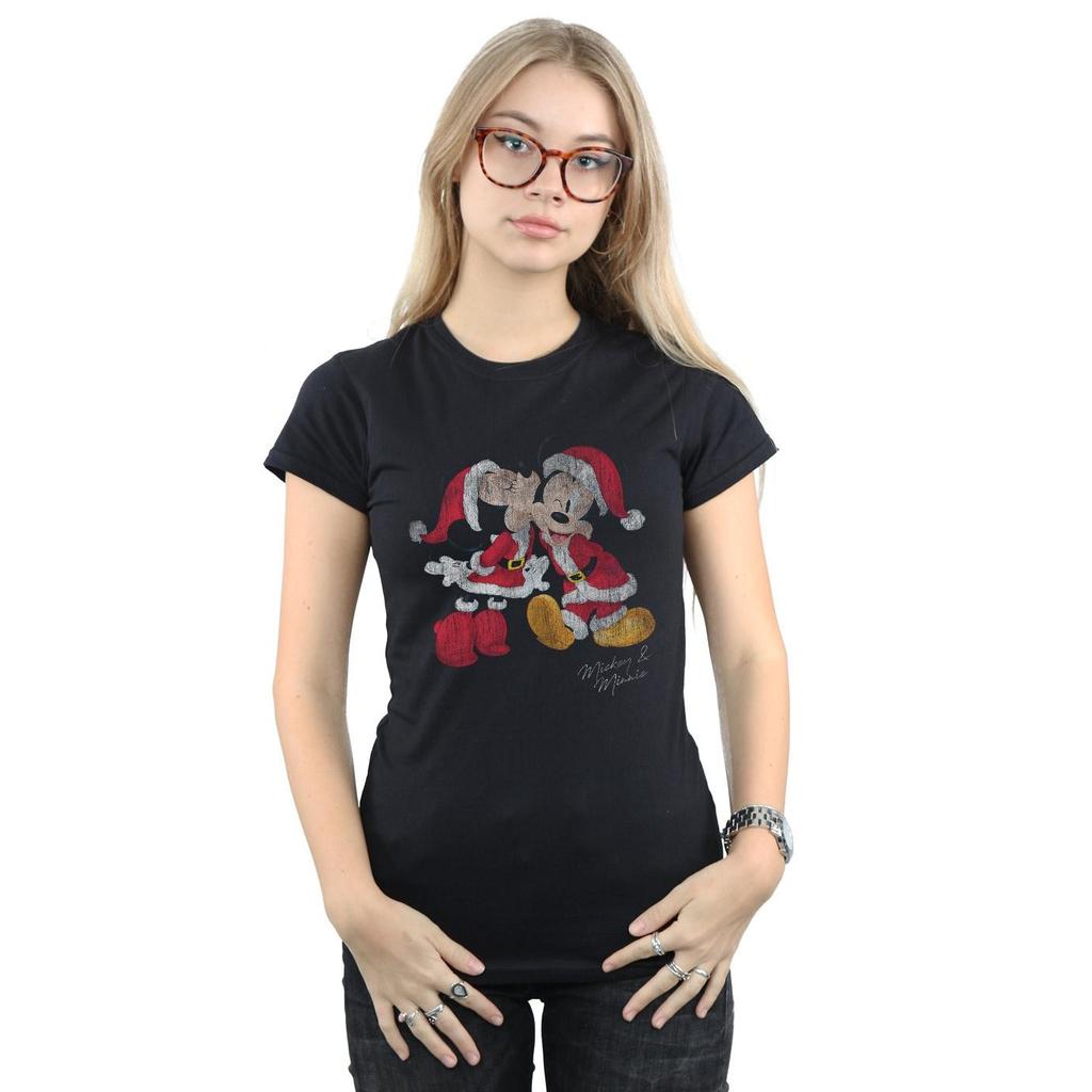Disney Womens/Ladies Mickey And Minnie Christmas Kiss Cotton T-Shirt