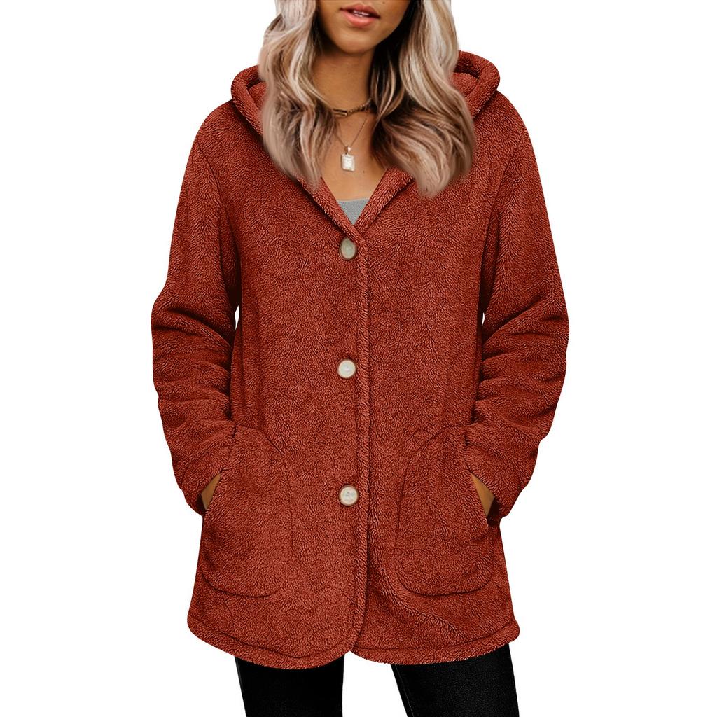 Women's Fashionable Solid Color Long Sleeved Pocket Loose Hooded Button Plush Jacket