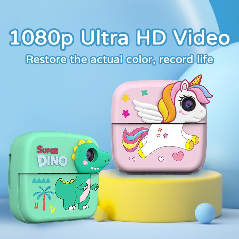 New HD 1080P Kids Print Camera Instant Print Thermal Paper Camera Mini Cute Kids Video Camera Kids Dinosaur Camera Gift