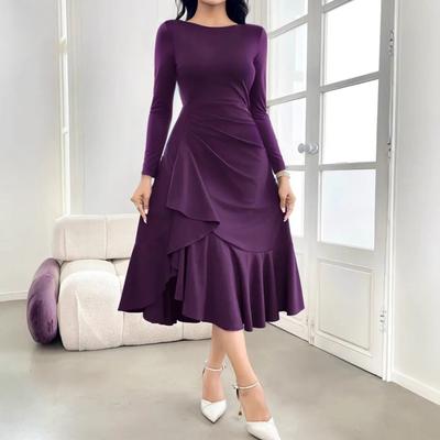 Vestido Feminino de Manga Comprida e Gola Redonda, Cor Sólida, Elegante e da Moda, para Outono e Inverno