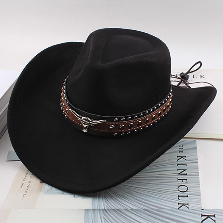 Western Cowboy Style Tibetan Bull Head Accessories Fashion Top Hat Autumn/Winter New Collection Deer Skin Velvet Large Edge Riding Hat