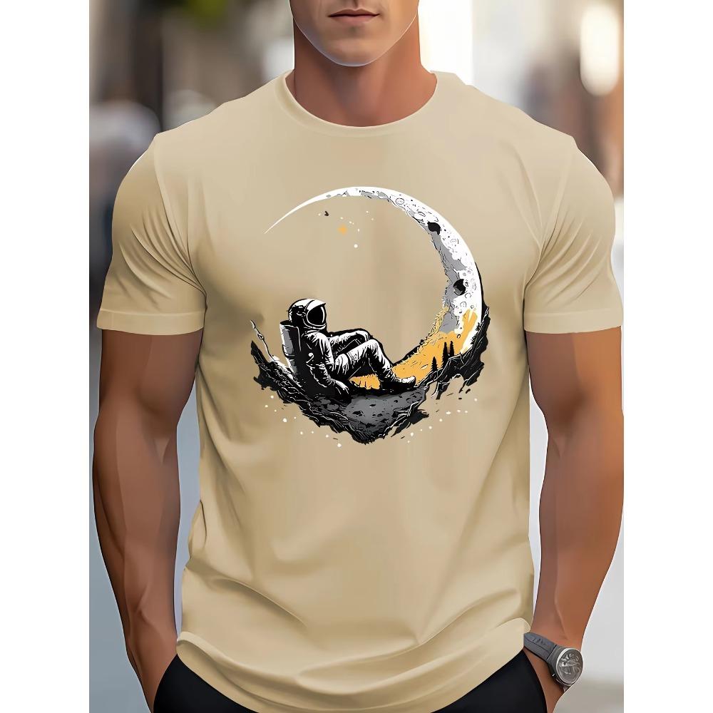 Men's summer 100 cotton fashionable casual loose plus size landing moon pattern printed sports round neck short sleeved T-shirt