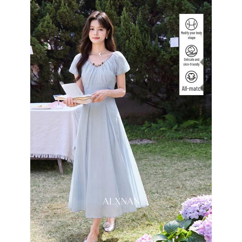 French Style Blue Acetate Linen Midi Dress M