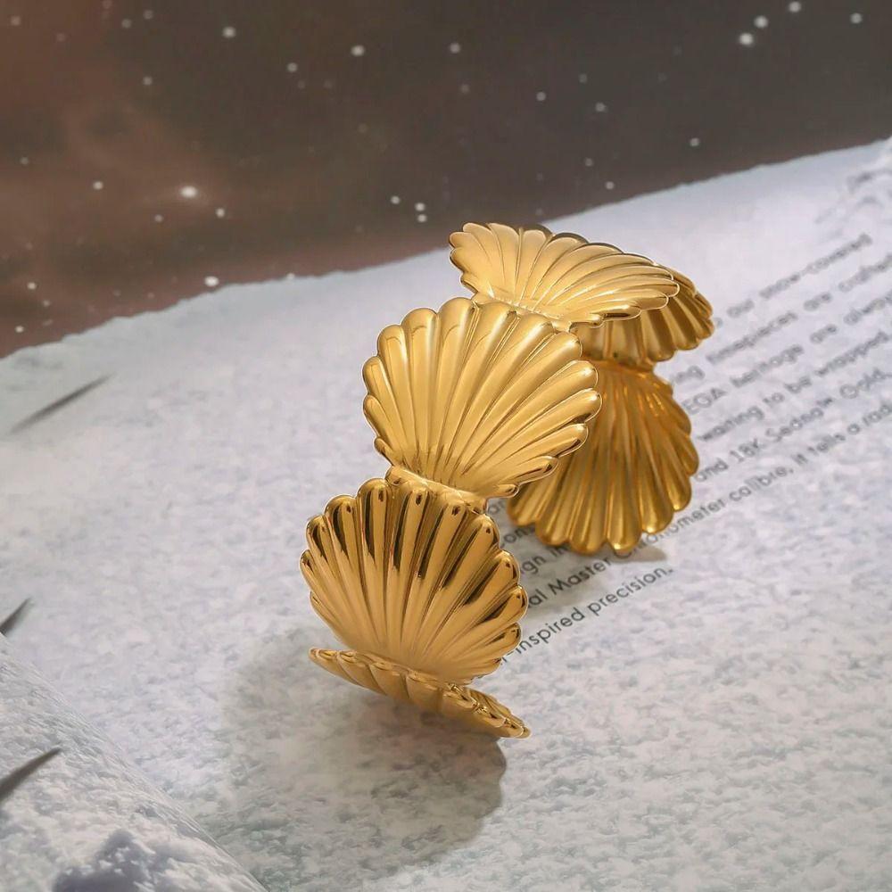 18K Gold Metal Cuff Bangles Vacation Style Exaggerated Bracelet Ins Simple Wide Bangle  Women