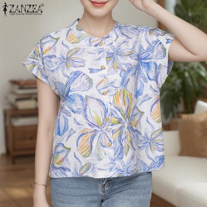 ZANZEA Women Summer Round Neck Loose Short Sleeve Print Blouse