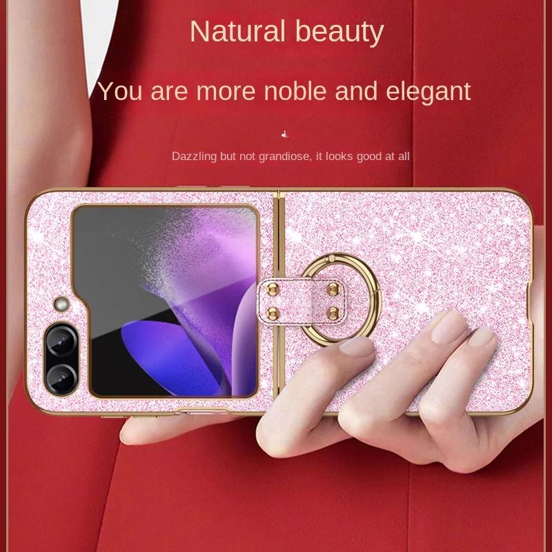 Luxury Plating Bling Glitter Ring Holder Phone Case for Samsung Galaxy Z Flip 7 6 5 4 Flip6 Flip5 Flip4 Flip3 Hard Plastic Cover
