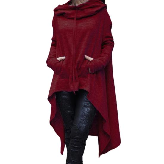 Women Solid Color Asymmetric Hem Drawstring Hooded Sweatshirt Loose Poncho Coat