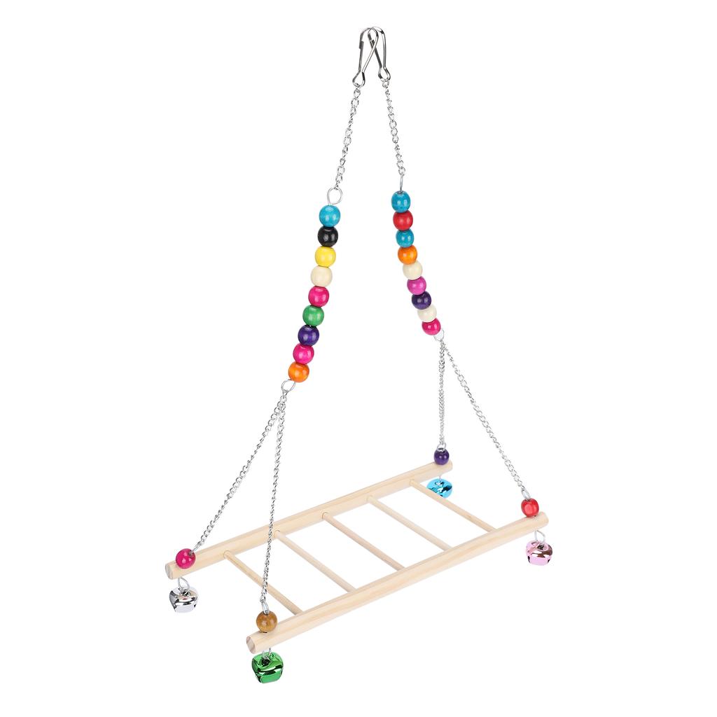 Bird Natural Wooden Chicken Swing Ladder Stand Toys Colourful Beads Chewing Biting Playing