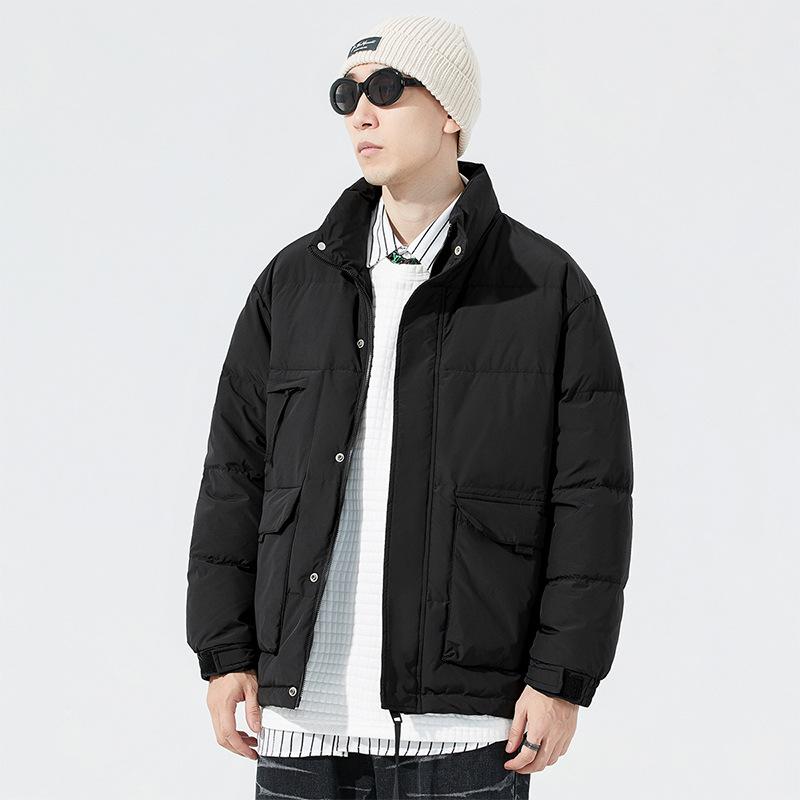 

Зимняя новая мужская куртка-пуховик в корейском стиле с воротником-стойкой, утолщенная, теплая, однотонная, 80% белого цвета, модная стильная куртка для пары L чёрный