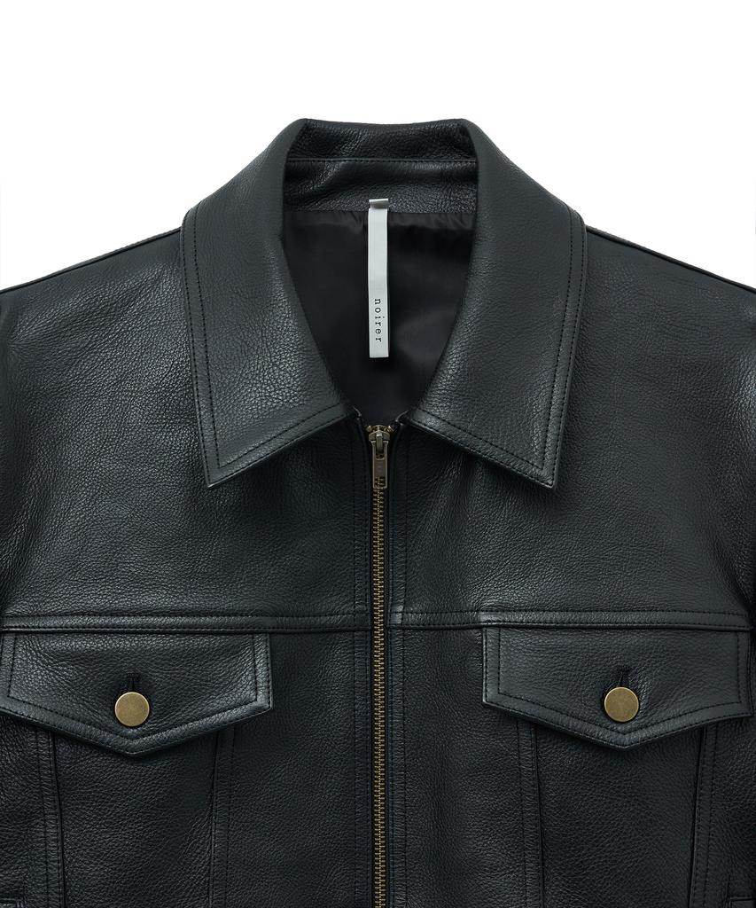 Noirer Antique Cow Leather Trucker Jacket (Black)