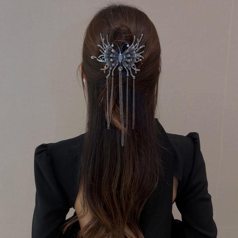 Luxury Vintage Rhinestone Butterfly Metal Chain Tassel Hair Clips Dark Style Ponytail Hairpins Twist Clip Women Hair Accessories