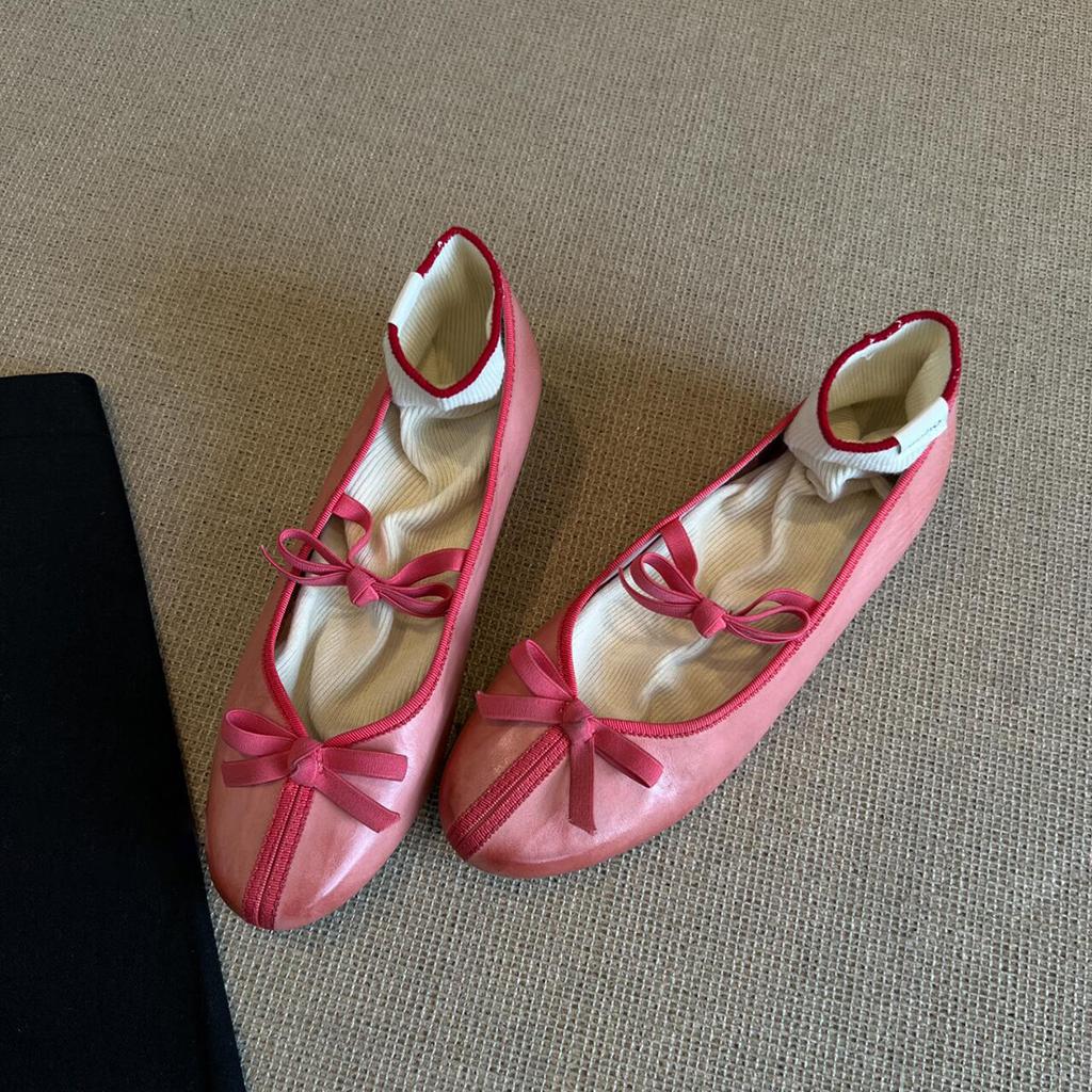 Sheepskin version~ Retro bow Mary Jane shoes women's round head elastic one-word strap ballet shoes light mouth low heel single shoes