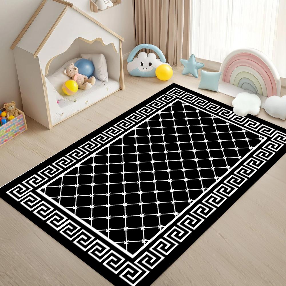 Contemporary Minimalist Pattern Carpet Black-White Diamond Greek Key Non-Slip Large Rug for Living Room Bedroom