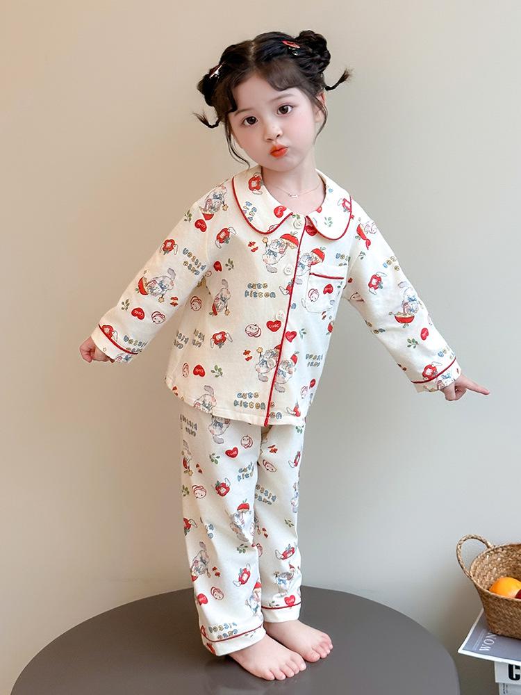 Girls' Cute Apple Pajama Set, Spring/Autumn 2025 - Pure Cotton, Long Sleeve & Pants, Cartoon Design Homewear