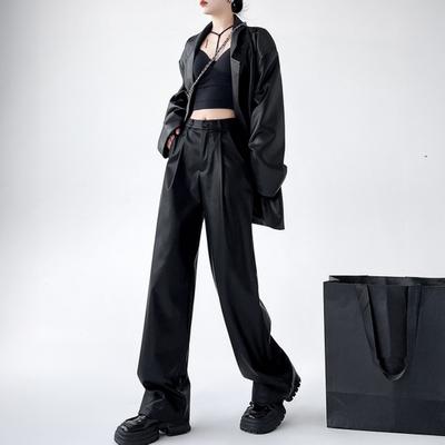 Women Spring Pants High Waist Wide-Leg Imitation Leather Trousers with Pockets Solid Color Straight Wide Leg Pants