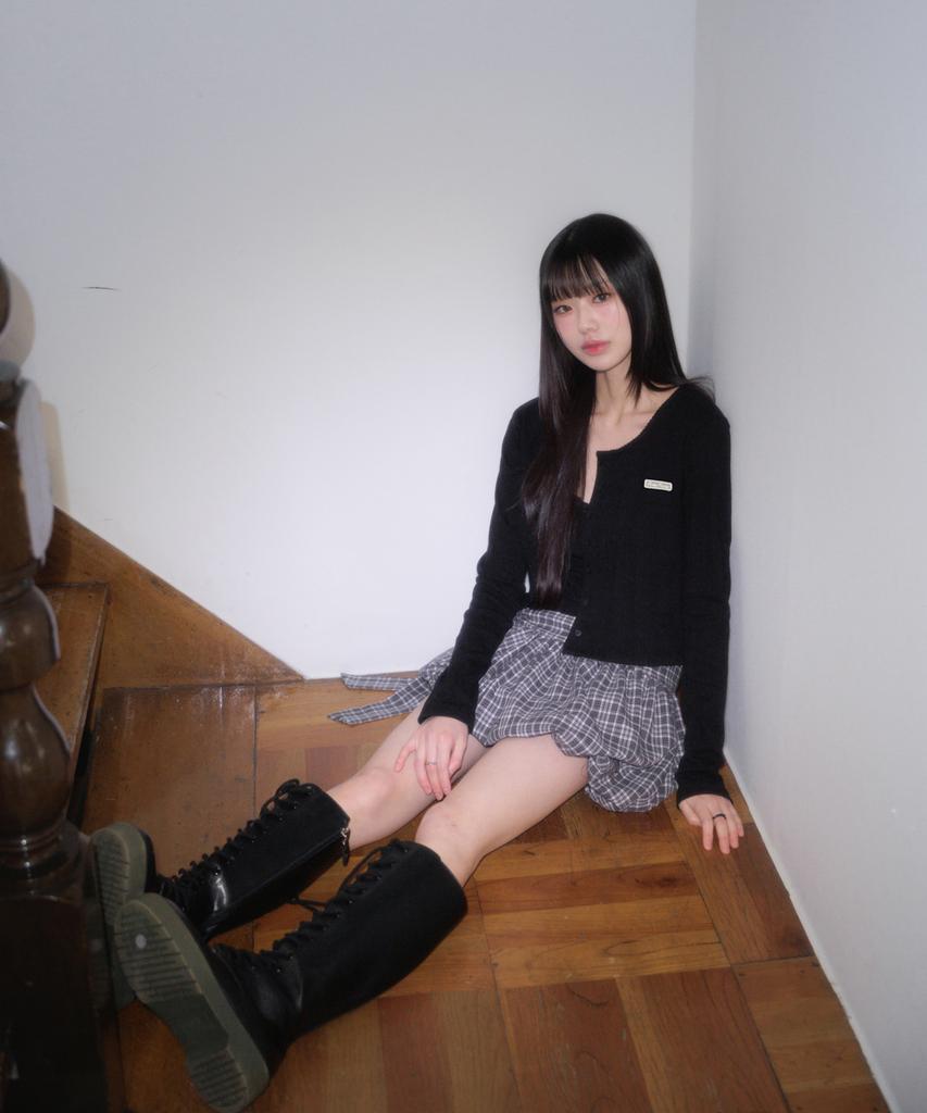Rose Franz Balloon Check Belted Miniskirt [Black]