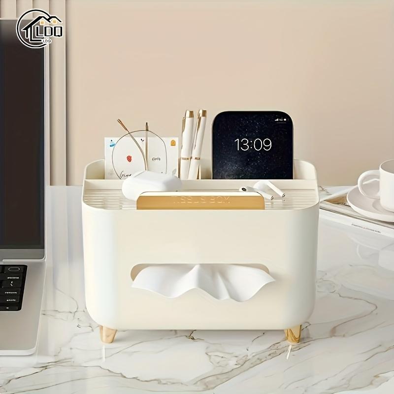 1pc Multifunctional Desk Organizer Tissue Box with Remote Storage - Stylish Cream Design, 3 Compartments for Home Office or Study Table Organization