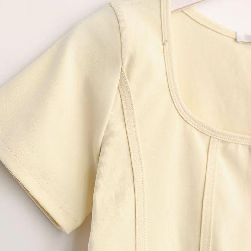 Solid Color Square Neck Short Sleeved T-shirt for Women with A Summer Design Sense Niche Short Top