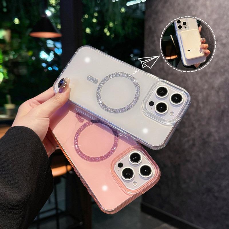 Applicable To IPHONE16proMax New Flash Powder Magnetic Suction Phone Case Ins Wind Apple 15 Anti Fall Protection Case 14