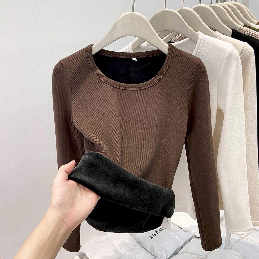Women's European Style Velvet-Lined Long Sleeve Slimming T-Shirt for Autumn/Winter
