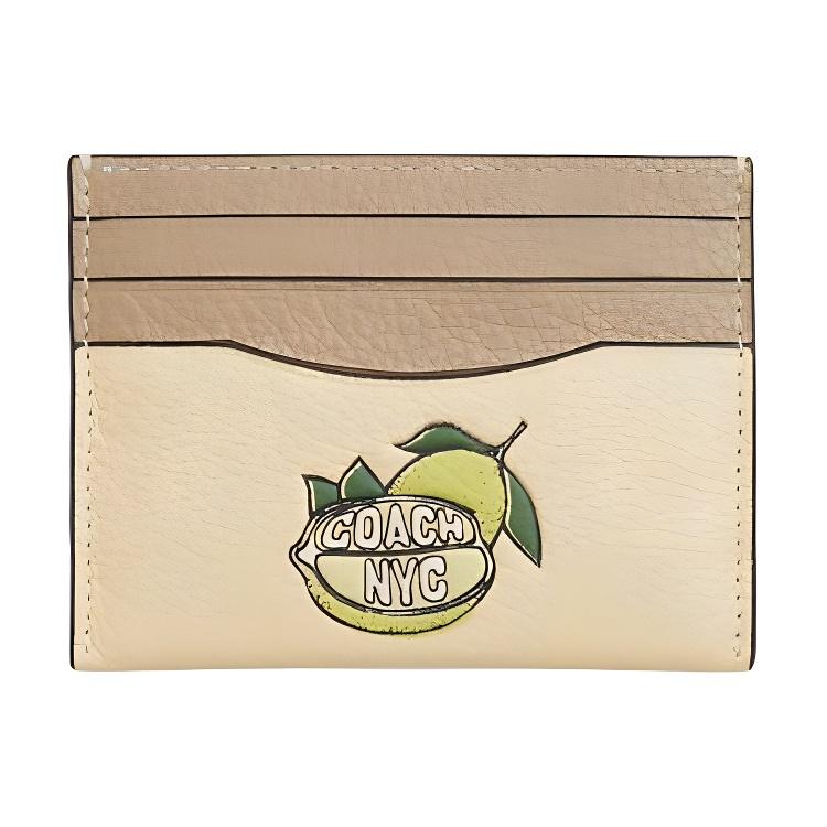 Coach Slim ID Card Case With Brand Logo Lemon Pattern Exquisite Pebble Leather Unisex Card Case Moonlight CAT71-SVZ3 Moonlight