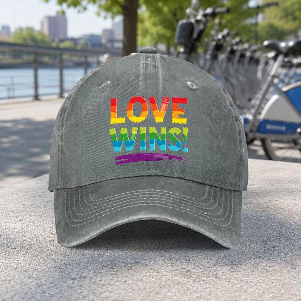 Rainbow Love Wins Unisex Baseball Cap Duckbill Hat With Hook Loop Closure Lightweight Washed Cap