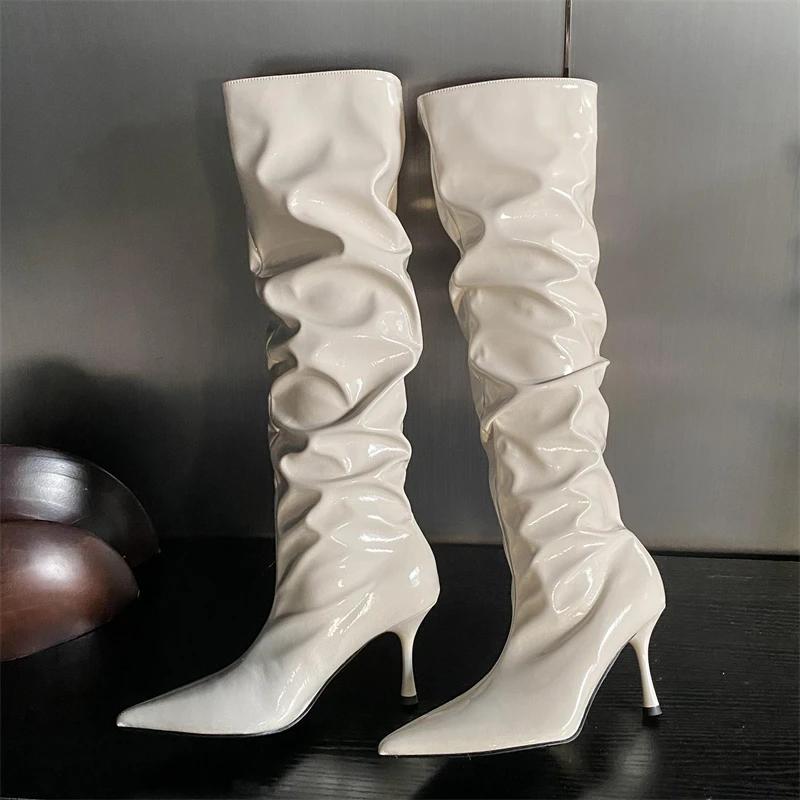 Eilyken Fashion Patent Leather Knee-High Boots Women Pleated Thin High Heels Wedding Banquet Shoes Winter Autumn Long Booties